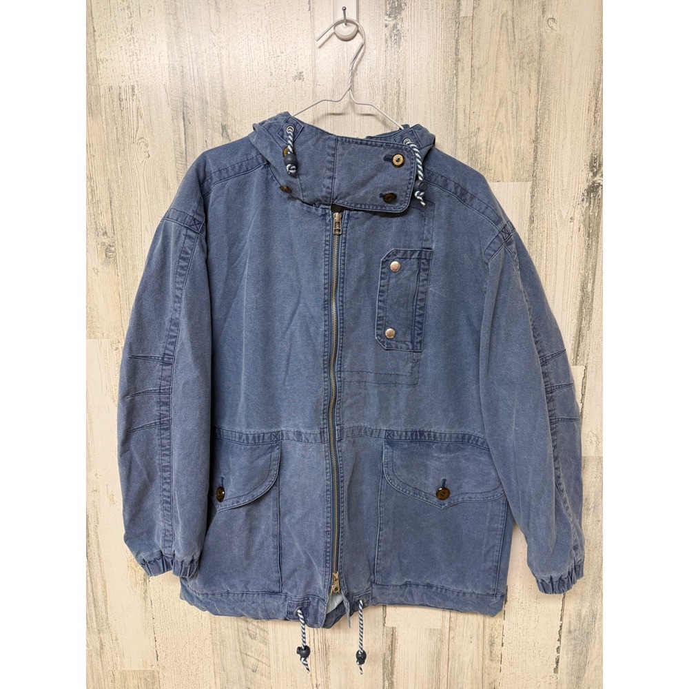 Vintage London Fog Womens M Blue Hooded Utility Jacket Oversized Parka 90s